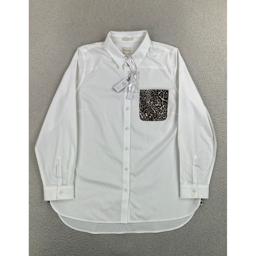 Chico's Shirt Womens 1 White No Iron Cotton Animal Pocket Long Sleeve Button Up